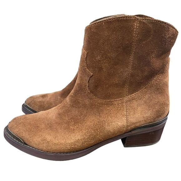 Very Volatile Chocolate Brown Suede Western Boots Chic Metal Detail Toe & Heel - Picture 6 of 14